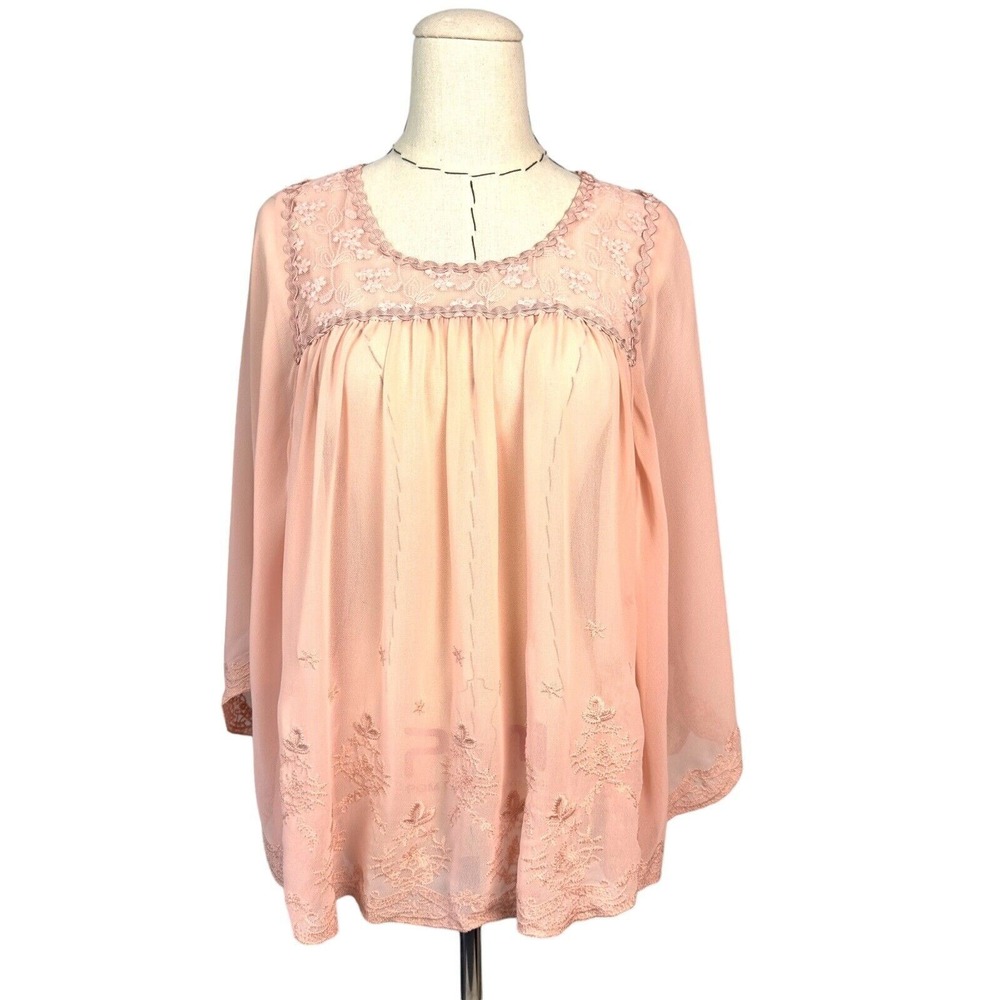 Sheer Pink Embroidered Lace Trim Peasant‎ Blouse Top Women's
